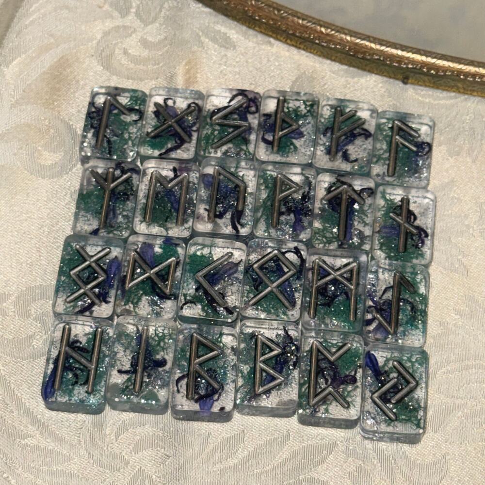 Elder Futhark Rune Set – Fluorite, Hyacinth & Sea Moss Resin Runes